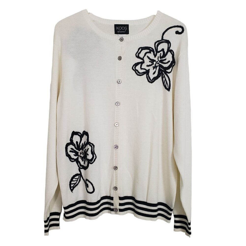 Koos Of Course Floral Cardigan Sequins Embellished Knit Button Up Womens Size XL